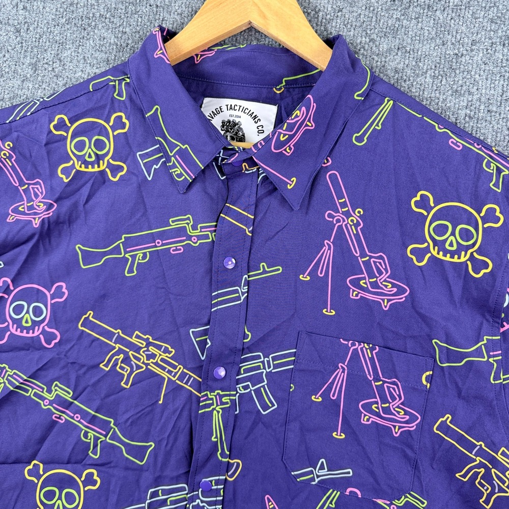Savage Tacticians Shirt Mens XL Purple Neon Guns Mortar Skull Snap Button
